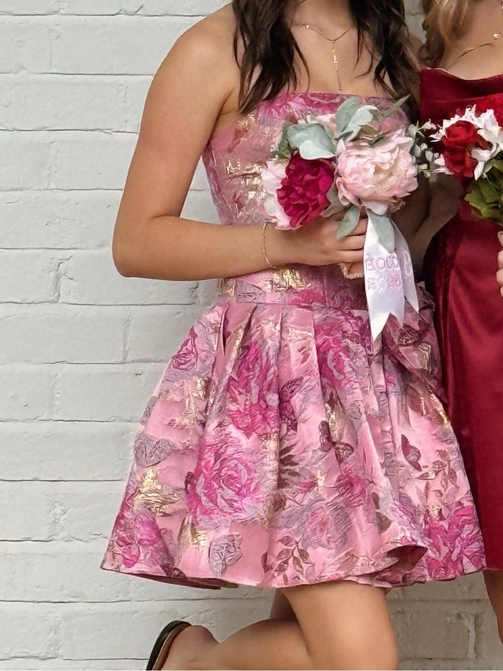Strapless Pink Floral Hoco Dress with Pink and Gold Accents